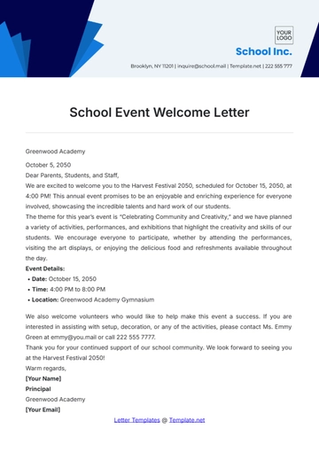 Free School Event Welcome Letter Template to Edit Online