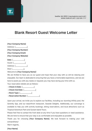 Free Blank Resort Guest Welcome Letter Template to Edit Online