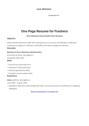 Free One Page Resume for Freshers Template to Edit Online