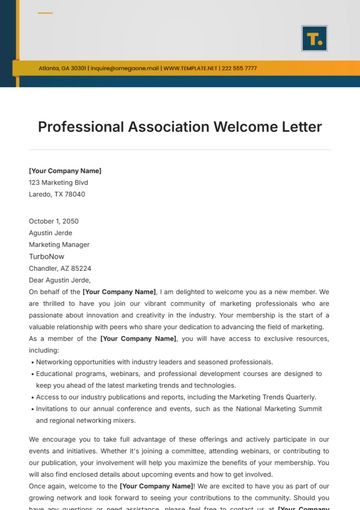 Free Professional Association Welcome Letter Template to Edit Online