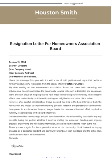 Free Resignation Letter For Homeowners Association Board Template to Edit Online
