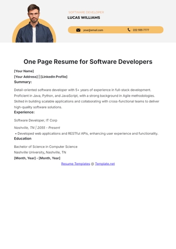 Free One Page Resume for Software Developers Template to Edit Online