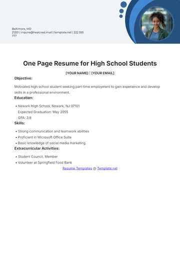 Free One Page Resume for High School Students Template to Edit Online