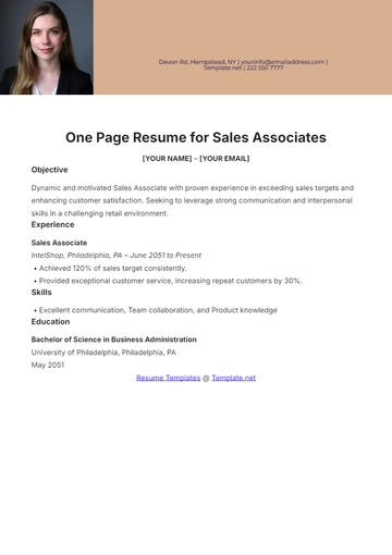 Free One Page Resume for Sales Associates Template to Edit Online