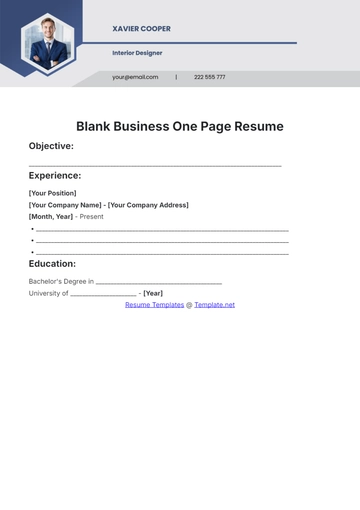 Free Blank Business One Page Resume Template to Edit Online