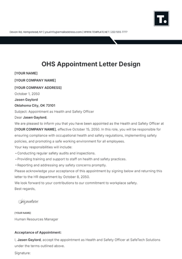 Free OHS Appointment Letter Design Template to Edit Online