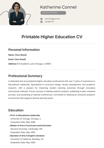 Free Printable Higher Education CV Template to Edit Online