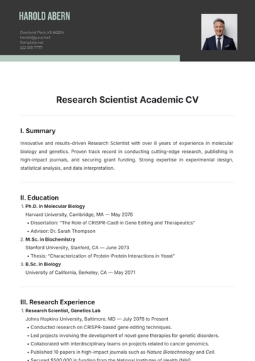 Free Research Scientist Academic CV Template to Edit Online