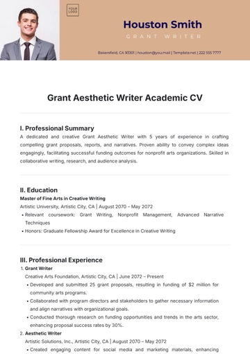 Free Grant Aesthetic Writer Academic CV Template to Edit Online