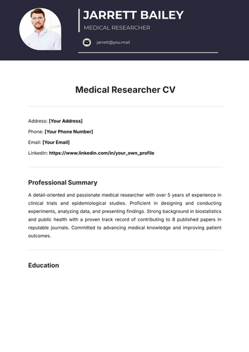 Free Professional Medical Researcher CV Template to Edit Online