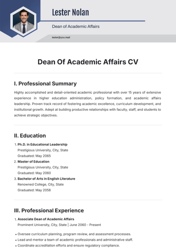 Free Dean Of Academic Affairs CV Template to Edit Online