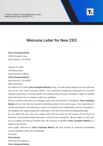 Free Welcome Letter for New CEO Template to Edit Online