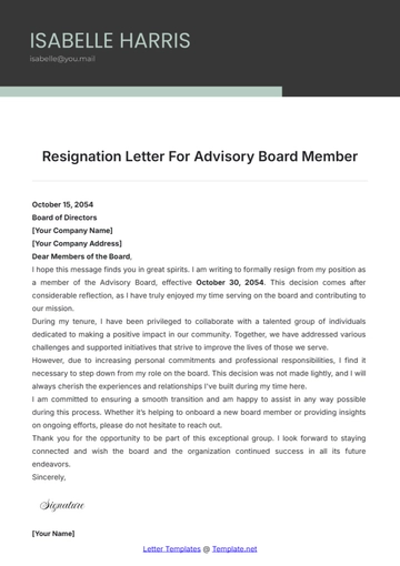 Free Resignation Letter For Advisory Board Member Template to Edit Online