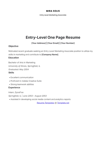 Free Entry-Level One Page Resume Template to Edit Online
