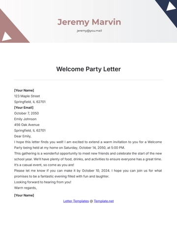 Free Welcome Party Letter Template to Edit Online