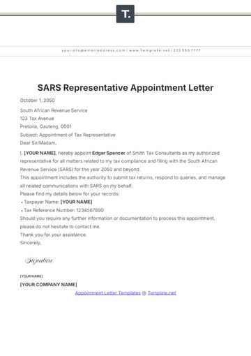 Free SARS Representative Appointment Letter Template to Edit Online