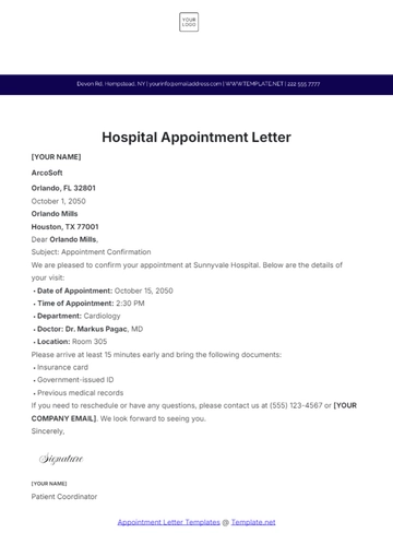 Free Hospital Appointment Letter Template to Edit Online
