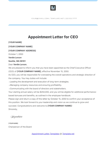 Free Appointment Letter for CEO Template to Edit Online