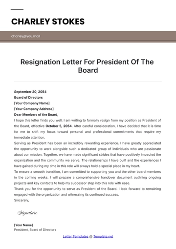 Free Resignation Letter For President Of The Board Template to Edit Online