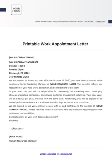 Free Printable Work Appointment Letter Template to Edit Online