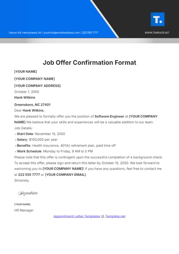 Free Job Offer Confirmation Format Template to Edit Online