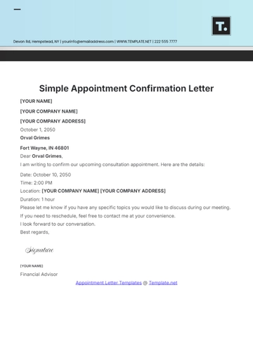 Free Simple Appointment Confirmation Letter Template to Edit Online