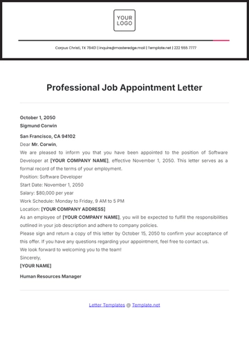Free Professional Job Appointment Letter Template to Edit Online