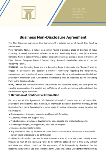Free Business Non-Disclosure Agreement Template to Edit Online