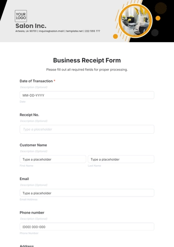 Free Business Receipt Form Template to Edit Online