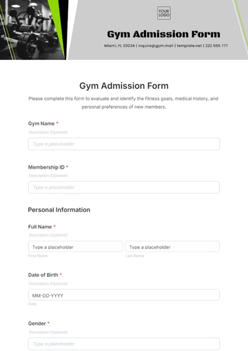 Free Gym Admission Form Template to Edit Online