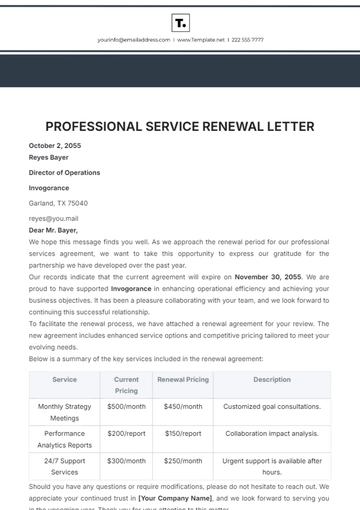 Free Professional Service Renewal Letter Template to Edit Online