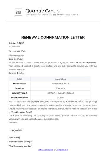 Free Renewal Confirmation Letter Template to Edit Online