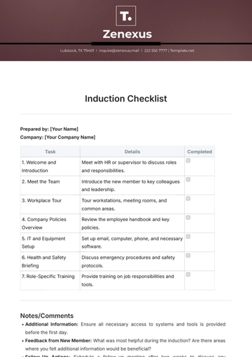 Free Induction Checklist Template to Edit Online