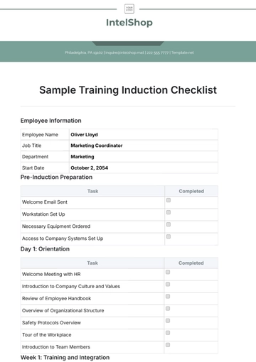 Free Sample Training Induction Checklist Template to Edit Online