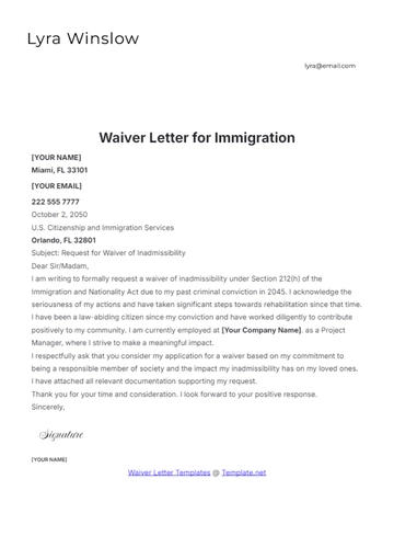 Free Waiver Letter for Immigration Template to Edit Online