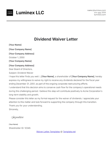 Free Dividend Waiver Letter Template to Edit Online