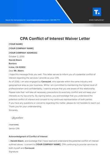 Free CPA Conflict of Interest Waiver Letter Template to Edit Online