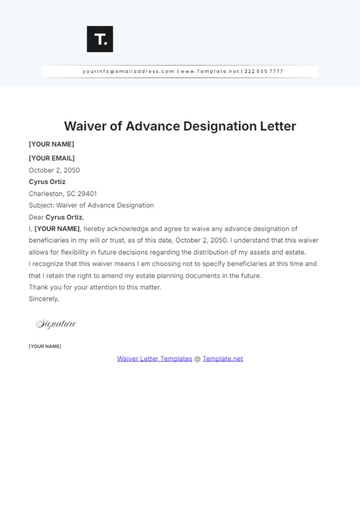 Free Waiver of Advance Designation Letter Template to Edit Online