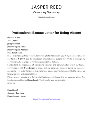 Free Professional Excuse Letter for Being Absent Template to Edit Online