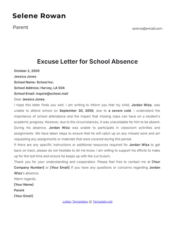 Free Excuse Letter for School Absence Template to Edit Online