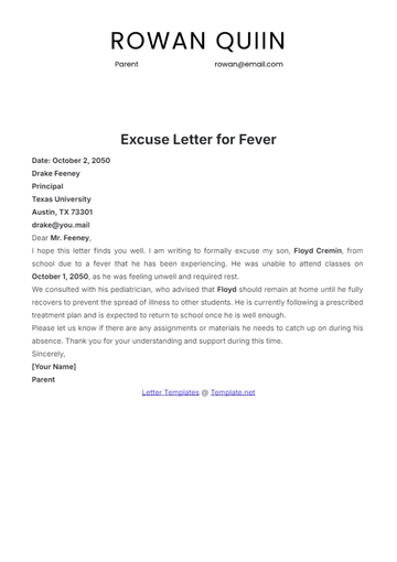 Free Excuse Letter for Fever Template to Edit Online
