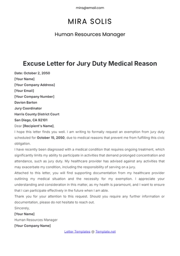 Free Excuse Letter for Jury Duty Medical Reason Template to Edit Online