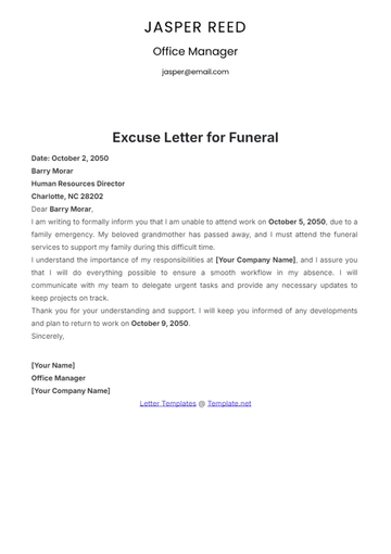 Free Excuse Letter for Funeral Template to Edit Online