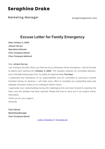 Free Excuse Letter for Family Emergency Template to Edit Online