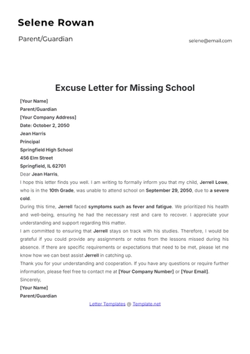 Free Excuse Letter for Missing School Template to Edit Online