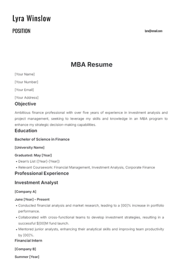 Free MBA Resume Template to Edit Online