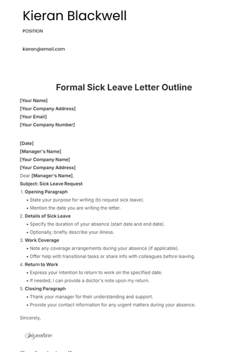 Free Formal Sick Leave Letter Outline Template to Edit Online