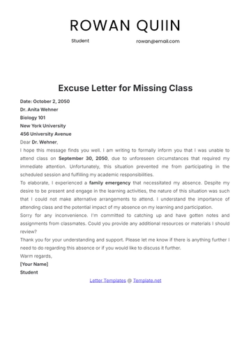 Free Excuse Letter for Missing Class Template to Edit Online