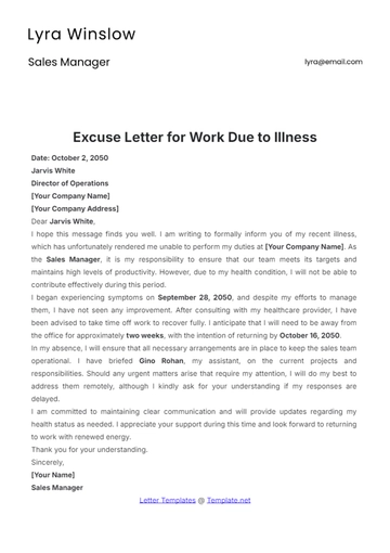 Free Excuse Letter for Work Due to Illness Template to Edit Online