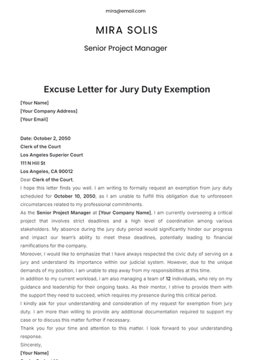 Free Excuse Letter for Jury Duty Exemption Template to Edit Online